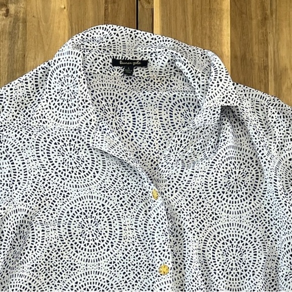 Lauren Gold 100% Silk White Button Down Shirt Dress Blue Geometric Print Size L - Picture 4 of 10
